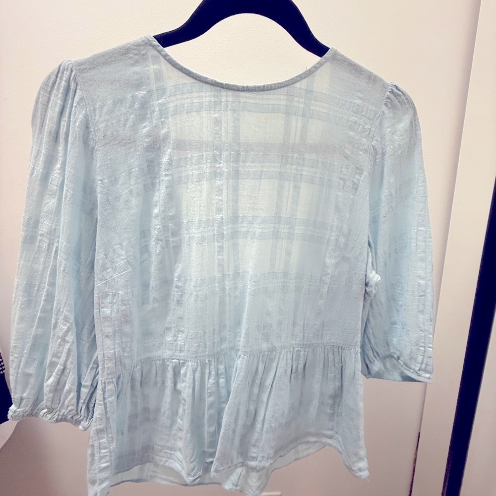 100% cotton Pale Blue Women's 3/4 sleeve Top w cutout & bow tie
